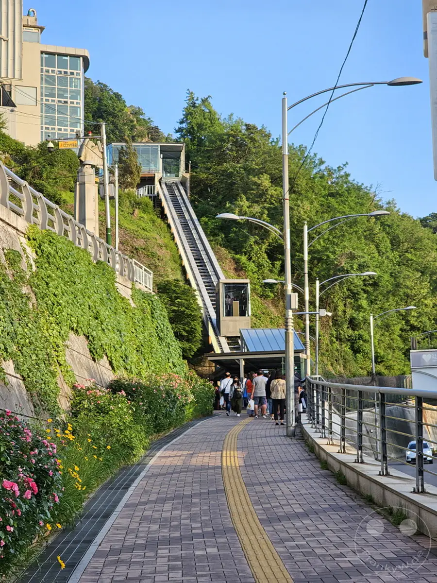 Eine Gruppe von Menschen wartet am unteren Ende einer Standseilbahn, die auf den Namsan-Berg in Seoul, Südkorea, führt. Der Weg ist gesäumt von üppigem Grün und blühenden Blumen, während die Sonne den klaren blauen Himmel beleuchtet. Die friedliche Atmosphäre lädt zum Erkunden der malerischen Umgebung ein.