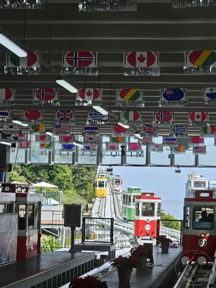 Mehrere bunte Sky Capsules fahren auf ihren Schienen durch den Haeunde Blueline Park in Busan, Südkorea. Die bunten Bahnen sind im Hintergrund von üppigem Grün und dem blauen Meer umgeben. Über der Szenerie hängen zahlreiche Flaggen aus aller Welt, die eine internationale Atmosphäre schaffen.