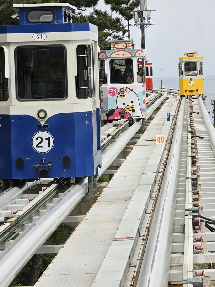 Drei farbenfrohe Züge fahren auf einer Hochbahnstrecke entlang der Küste in Südkorea. Der Haeunde Blueline Park und die Mipo Station sind beliebte Ausflugsziele in Busan. Die Szenerie verspricht eine entspannte Fahrt mit malerischem Meerblick.
