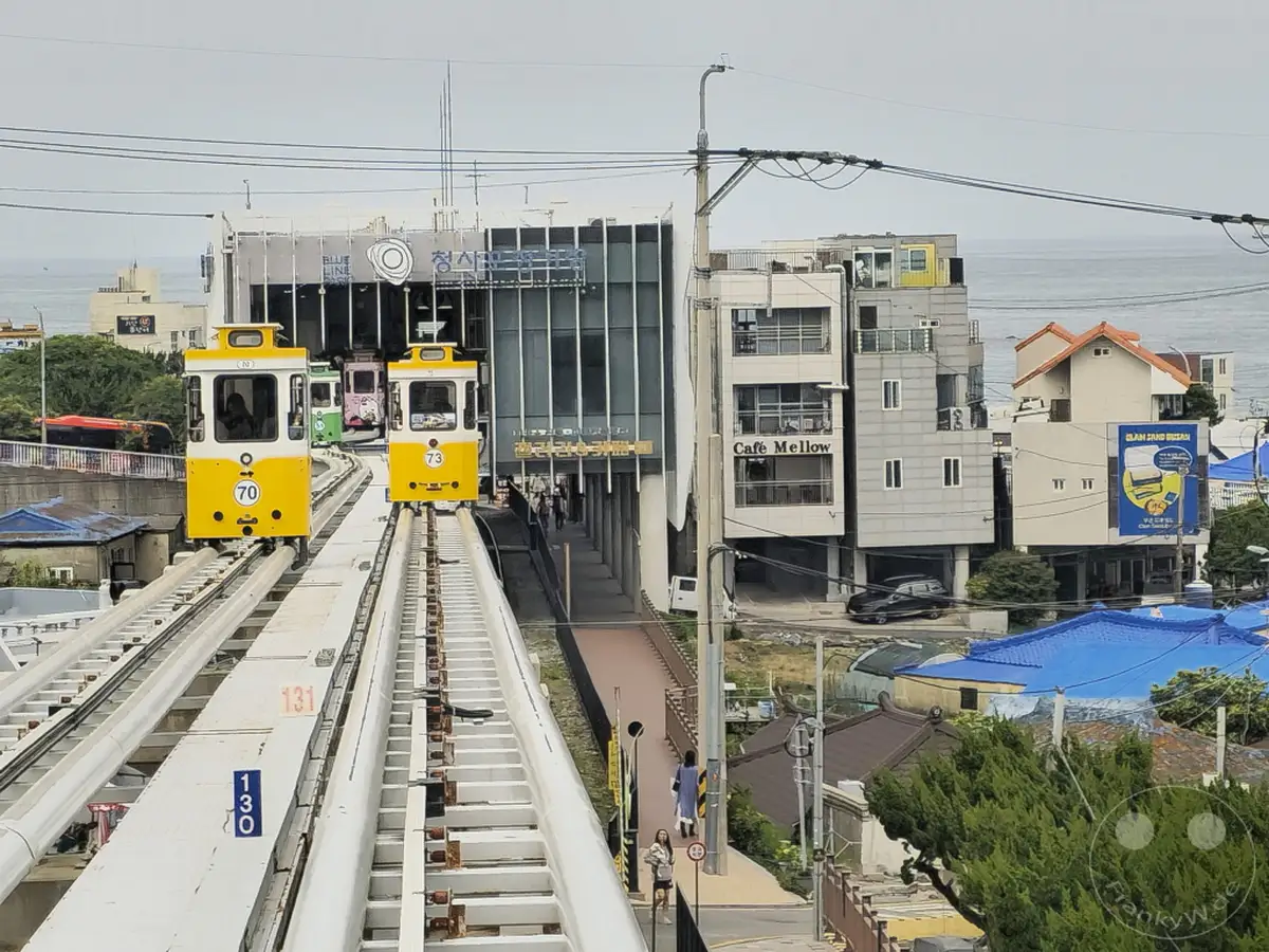 In Busan, Südkorea, fahren gelbe Küstenbahnen auf dem Haeundae Blueline Park entlang der Küste. Die Züge passieren die Cheongsapo Station, während im Hintergrund das Meer und Gebäude zu sehen sind. Eine friedliche und touristische Atmosphäre herrscht in dieser Küstenregion.