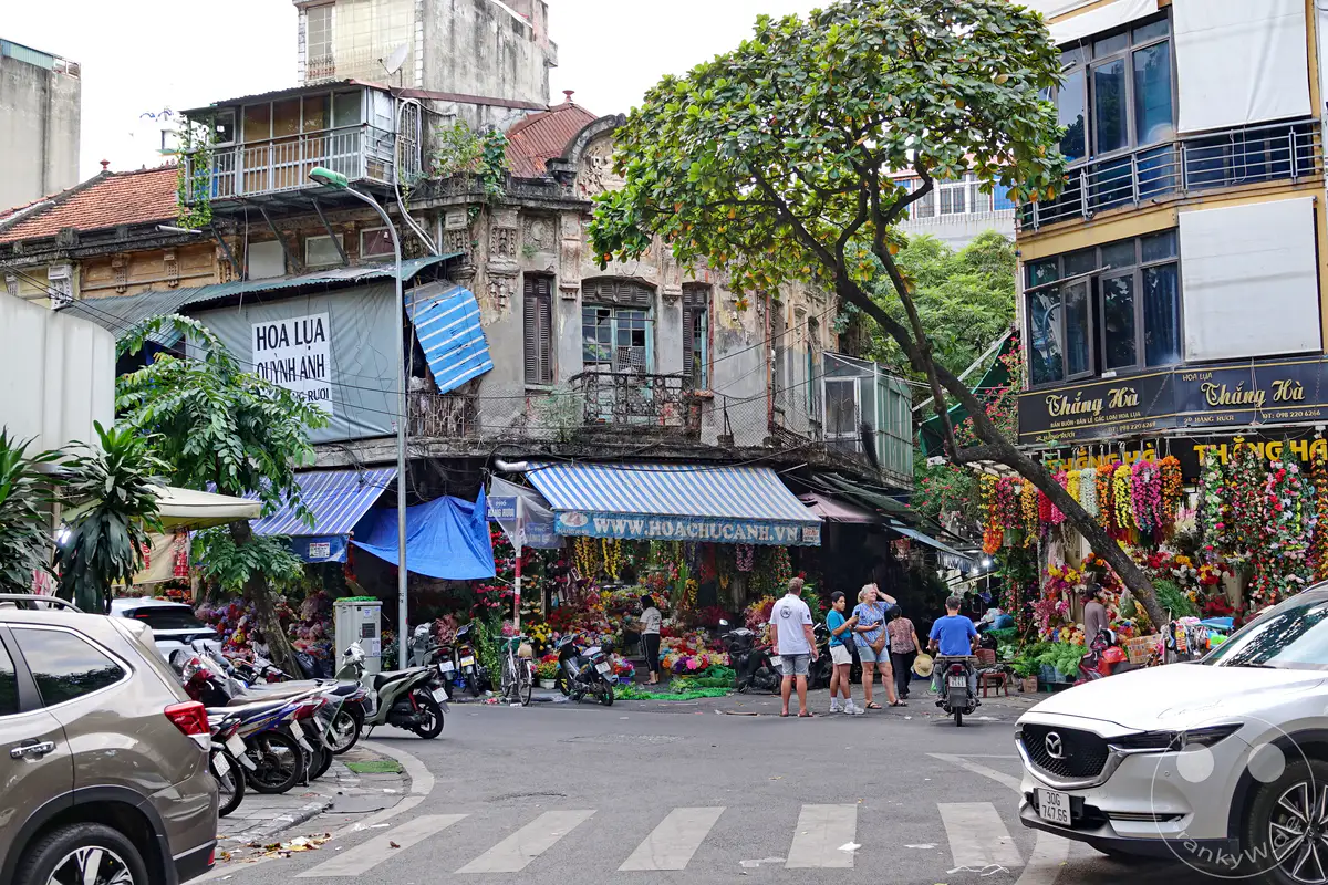 In Hanoi, Vietnam, spiegelt das Old Quarter – die Altstadt – mit seinen geschäftigen Blumenständen eine lebhafte Straßenszene wider. Traditionelle Architektur trifft auf das moderne Leben mit geparkten Motorrollern und Autos. Die Atmosphäre ist geprägt von Farbenpracht und dem pulsierenden Treiben einer urbanen Umgebung.