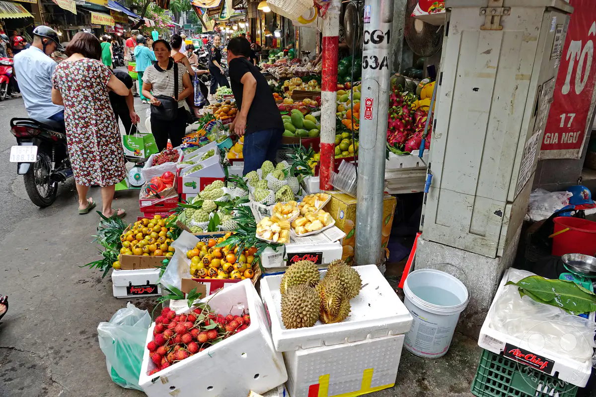 In Hanoi, Vietnam, entfaltet sich auf einer belebten Straße im Old Quarter das tägliche Treiben eines authentischen Obstmarktes. Bunte Früchte wie Drachenfrüchte, Rambutan und Durian werden kunstvoll an Ständen präsentiert, während sich Einheimische und Besucher durch das Gewühl bewegen. Die lebendige Atmosphäre des Marktes spiegelt den pulsierenden Herzschlag der Stadt wider.