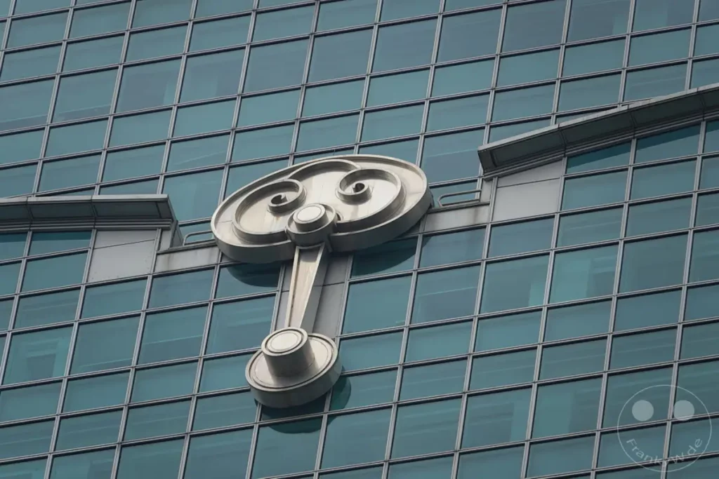 Die Glasfassade des ikonischen Taipei 101 Gebäudes in Taipeh, Taiwan, wird von einem auffälligen metallischen architektonischen Detail unterbrochen. Die Reflexionen in den Fenstern und die klare Linienführung der Struktur erzeugen eine moderne und imposante Atmosphäre. Dieses Wahrzeichen repräsentiert die dynamische Skyline der Stadt.