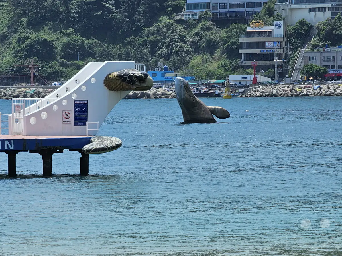 Eine beeindruckende Meeresskulptur in Form einer Schildkröte ragt aus dem Wasser vor der Küste von Busan in Südkorea empor. Die Struktur, die auf Stelzen ruht, ist Teil der Anlage am Songdo Beach und lädt zum Erkunden der maritimen Umgebung ein. Das sonnige Wetter und das ruhige Meer schaffen eine friedliche Atmosphäre.