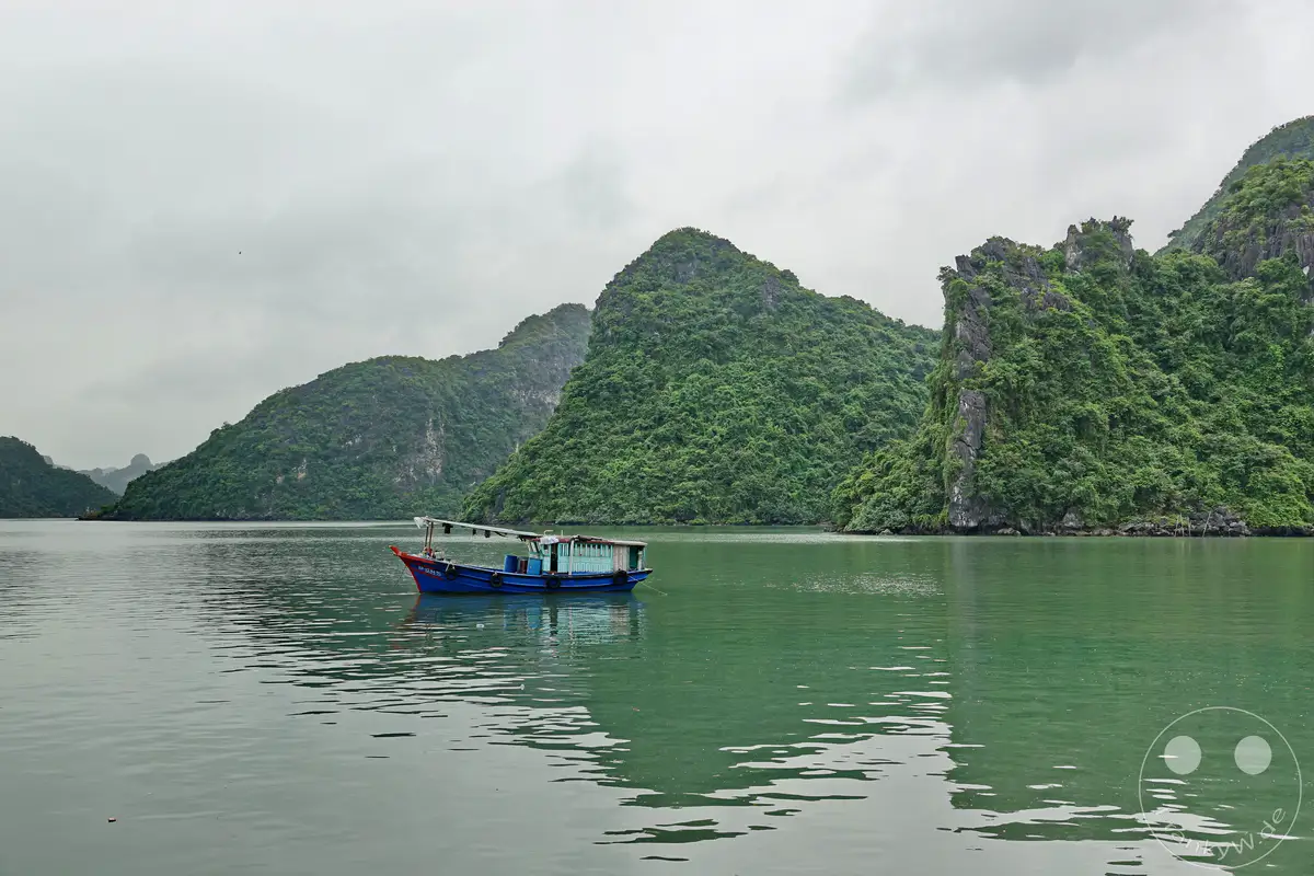 Ein kleines blaues Boot treibt ruhig auf dem smaragdgrünen Wasser der Ha Long Bucht in Vietnam. Im Hintergrund erheben sich majestätisch üppig begrünte Karstfelsen unter einem bewölkten Himmel. Die Szene strahlt eine friedliche und natürliche Schönheit aus, die typisch für diese beeindruckende Küstenlandschaft ist.