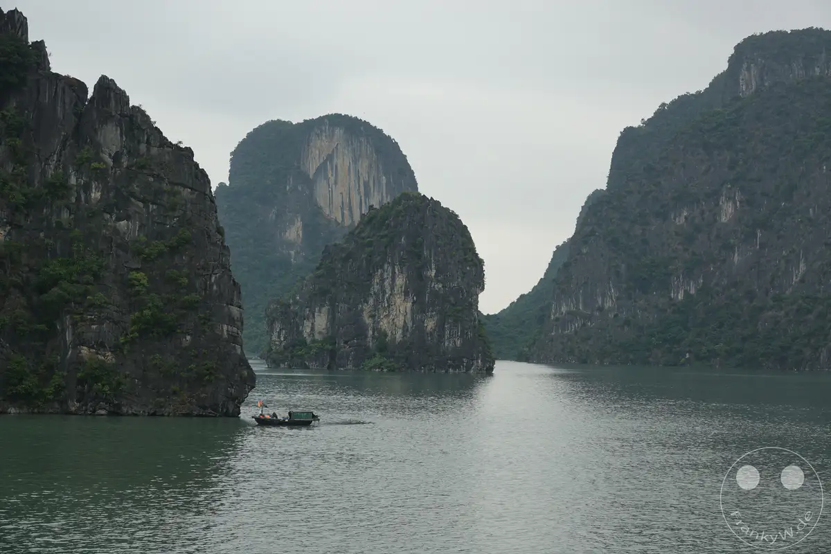 Eine träge und neblige Szene in der Ha Long Bucht in Vietnam offenbart sich mit hoch aufragenden Karstfelsen und einem Boot, das sanft über das ruhige Wasser gleitet. Die graue, überzogene Atmosphäre verleiht der Landschaft eine mysteriöse und ruhige Ausstrahlung, während die gewaltigen Felsformationen aus dem Meer ragen. Ein kleines Boot mit einigen Menschen an Bord bewegt sich auf dem spiegelnden Wasser und trägt zur malerischen Darstellung bei.