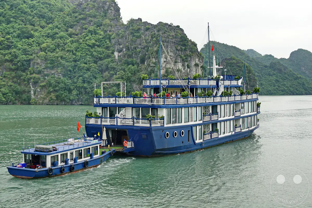 Ein großes, blau-weißes Kreuzfahrtschiff fährt mit einer kleineren blauen Dschunke im Schlepptau durch die ruhige See der Ha Long Bucht in Vietnam. Üppig grüne Karstfelsen ragen steil aus dem Wasser und bilden eine majestätische Kulisse für die Fahrt. Die Szene vermittelt ein Gefühl von friedlicher Erkundung und der beeindruckenden natürlichen Schönheit des UNESCO-Weltkulturerbes.