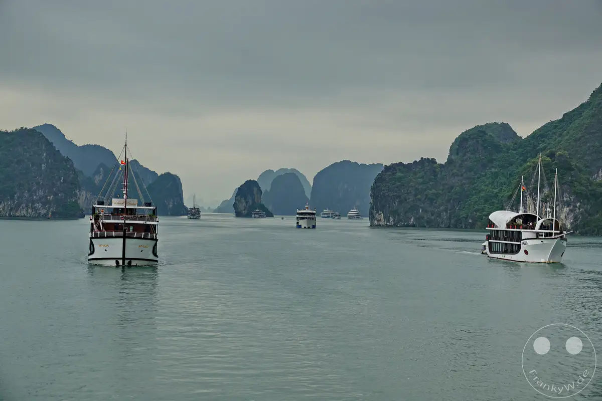 Mehrere Kreuzfahrtschiffe gleiten durch die nebelverhangene Ha Long Bucht in Vietnam. Majestätische Karstfelsen ragen aus dem ruhigen Meer empor und schaffen eine atmosphärische Kulisse für die friedliche Szene. Die gedämpften Farben und die sanften Wellen erzeugen eine friedliche und eindrucksvolle Stimmung.