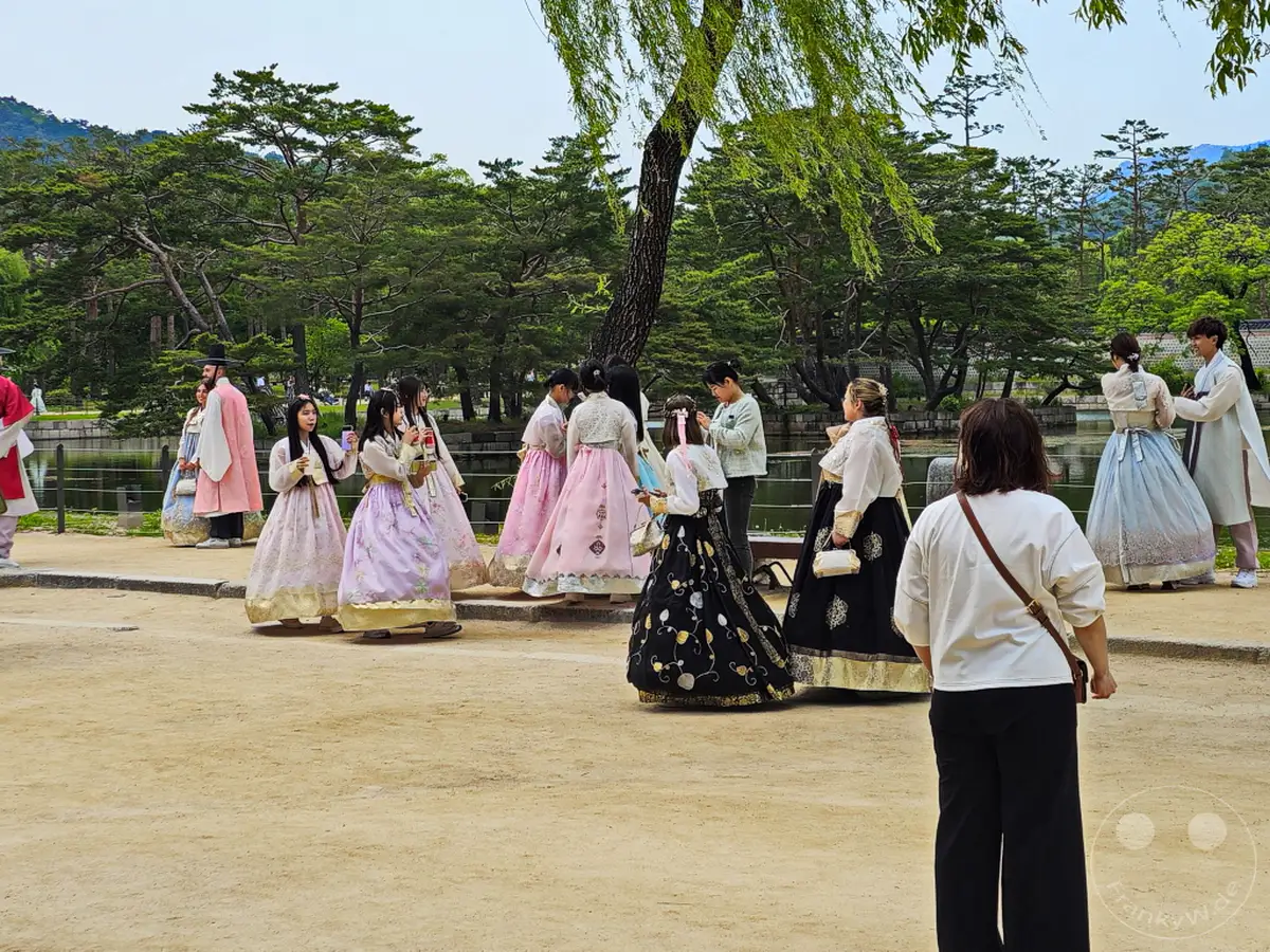 Besucher in traditionellen Hanbok-Kleidern posieren im Gyeongbokgung Palace in Seoul, Südkorea. Die Szene vermittelt eine Atmosphäre von kulturellem Erbe und historischem Tourismus. Ein sonniger Tag mit üppiger Vegetation im Hintergrund schafft eine malerische Kulisse.
