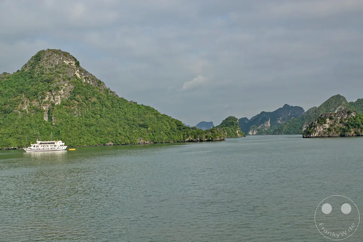 Die Ha Long Bucht in Vietnam zeigt eine majestätische Landschaft aus hunderten von Karstfelsen, die aus dem türkisfarbenen Meer ragen. Ein traditionelles Dschunke-Boot gleitet friedlich durch die ruhige See, während die bewaldeten Gipfel im sanften Licht des bewölkten Himmels ruhen. Die Szene strahlt eine Atmosphäre der Ruhe und unberührten Natur aus, die typisch für diese beeindruckende UNESCO-Weltnaturerbestätte ist.