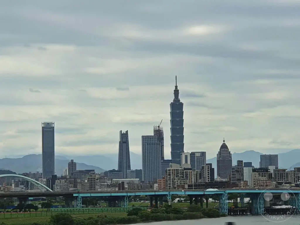 Die imposante Skyline von Taipeh, Taiwan, erhebt sich unter einem bewölkten Himmel. Mehrere Wolkenkratzer, darunter der ikonische Taipei 101, dominieren die Stadtsilhouette, während eine blaue Brücke über den Fluss führt. Die Szenerie vermittelt eine ruhige, urbane Atmosphäre mit einer Mischung aus moderner Architektur und natürlichen Elementen.
