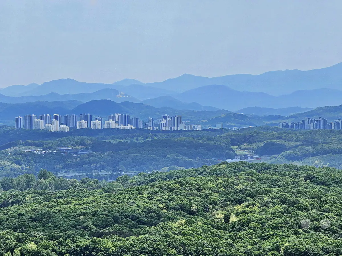 Eine weitläufige Landschaft erstreckt sich über mehrere Ebenen, von dichten Wäldern im Vordergrund bis zu sanften Hügeln und Bergen in den bläulichen Fernen. Am Horizont ist eine moderne Stadt mit zahlreichen Hochhäusern zu erkennen, die sich deutlich von der natürlichen Umgebung abhebt. Die Szene vermittelt ein Gefühl von Weite und friedlicher Koexistenz zwischen menschlicher Entwicklung und unberührter Natur, möglicherweise in der Nähe der entmilitarisierten Zone (DMZ) Südkoreas.