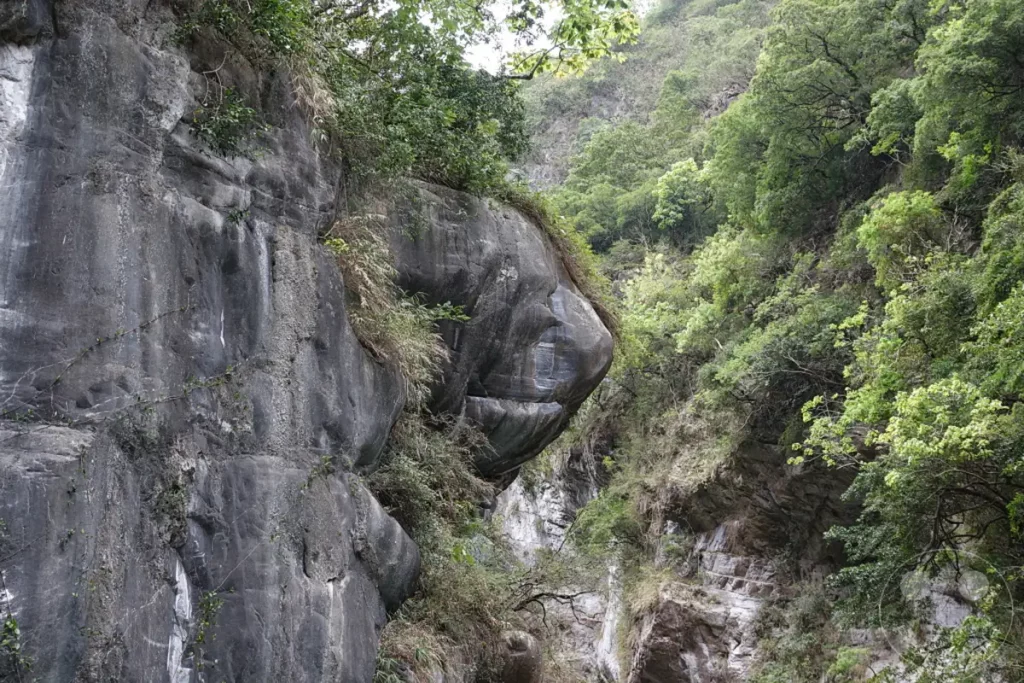 Der Taroko National Park in Taiwan präsentiert beeindruckende Felsenformationen innerhalb einer tiefen Schlucht. Üppige Vegetation bedeckt die steilen Hänge und unterstreicht die wilde Schönheit dieser natürlichen Landschaft. Die Szenerie strahlt eine friedliche und erhabene Atmosphäre aus, die zum Erkunden einlädt.