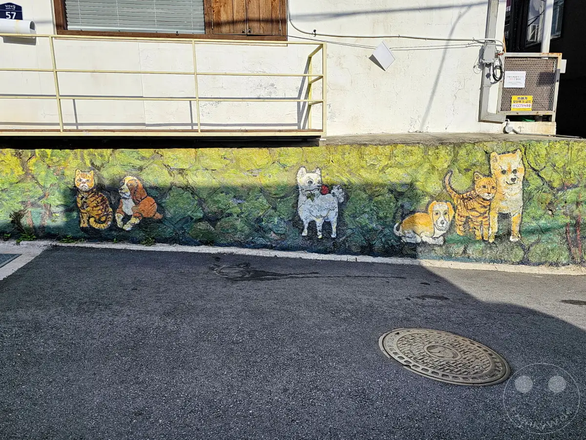 Eine farbenfrohe Wandmalerei mit verschiedenen Hunden und einer Katze schmückt eine Mauer in Südkorea, Seoul, im Ihwa Mural Village. Die Tiere sind auf einem grünen, felsigen Hintergrund dargestellt und strahlen eine verspielte und charmante Atmosphäre aus. Die Szene wird durch die sonnenbeschienene Straße und den Gullydeckel in der Vordergrundperspektive ergänzt.