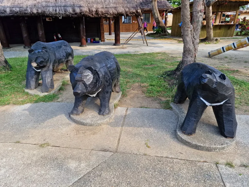 Drei geschnitzte Holzskulpturen von schwarzen Bären stehen auf Betonfundamenten vor einem traditionellen Gebäude mit Strohdach im Amis Folk Center in Taiwan. Die kühle Witterung und die natürliche Umgebung schaffen eine ruhige und einladende Atmosphäre. Die kunstvollen Darstellungen der Tiere sind ein zentraler Blickfang des Außengeländes.
