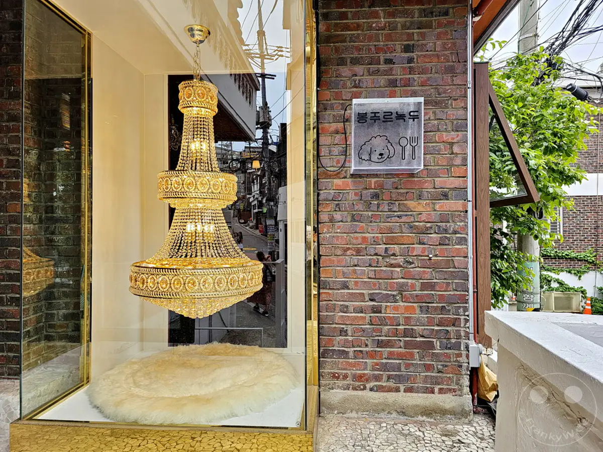 Ein prunkvoller Kronleuchter hängt in einem Schaufenster, beleuchtet und mit einer weichen runden Matte darunter, in Südkorea. Die Fassade daneben besteht aus einer unverputzten Ziegelmauer mit einem Schild, das einen Hund und Essutensilien zeigt. Eine grüne Baumkrone ragt über die Szene, und im Hintergrund sind städtische Straßenszenen und Stromleitungen sichtbar.