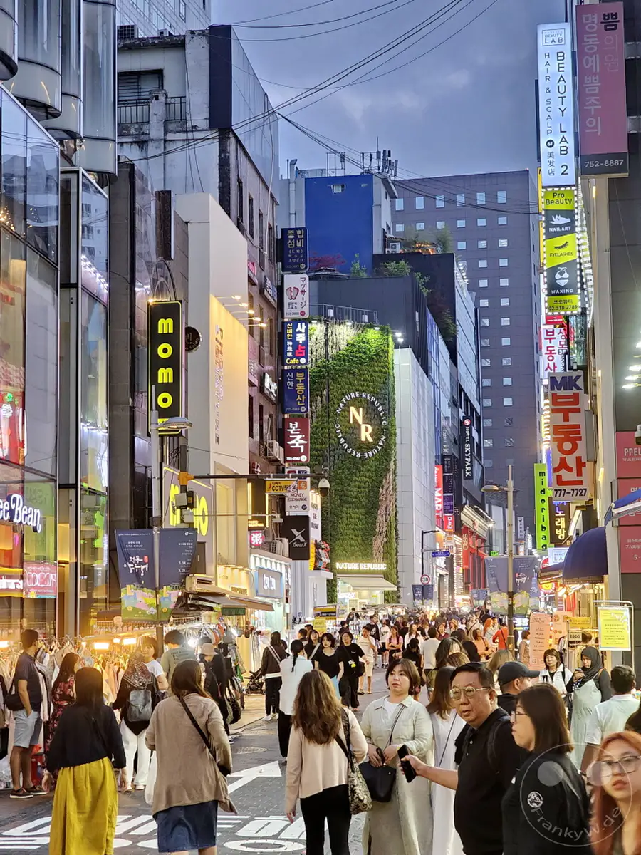 Eine belebte Straße in Myeongdong, Seoul, Südkorea, pulsiert vor Leben unter dem Abendhimmel. Leuchtende Neonschilder säumen die Gassen, während sich die Menschen durch die Menge schlängeln, ein geschäftiges Treiben, das die Energie der Stadt widerspiegelt. Die Szene fängt die lebendige Atmosphäre eines beliebten Einkaufs- und Ausgehviertels ein.