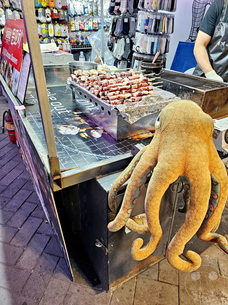 Auf dem lebhaften Nachtmarkt von Myeongdong Street in Seoul, Südkorea, werden köstliche Tintenfisch-Spieße über einem Grill zubereitet. Zahlreiche bunte Socken hängen im Hintergrund und bieten einen fröhlichen Kontrast zum geschäftigen Treiben. Eine riesige Stoff-Krake scheint die hungrigen Passanten zu begrüßen und verleiht der Szene eine verspielte Note.