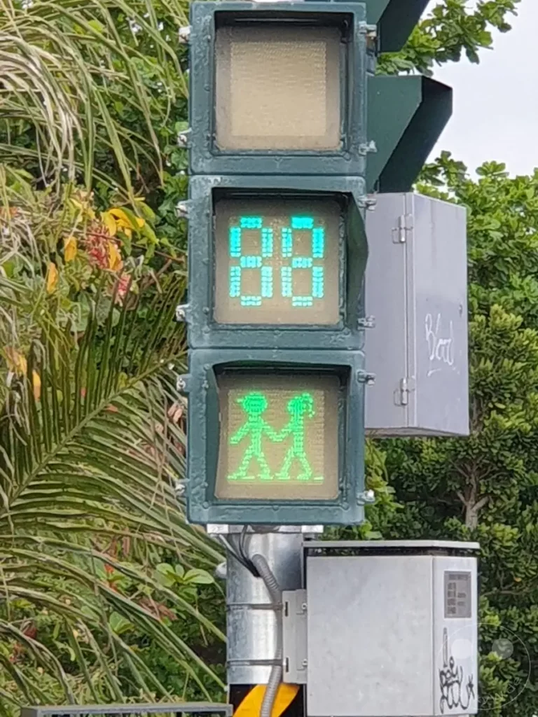Eine Fußgängerampel in Kenting, Taiwan, zeigt sowohl einen Countdown von 88 Sekunden als auch das grüne Symbol für Fußgänger, die die Straße überqueren dürfen. Umgeben von üppigem Grün und tropischer Vegetation vermittelt die Szene eine alltägliche Atmosphäre inmitten der Natur. Die Ampel signalisiert eine sichere Passage für Fußgänger an einer belebten Kreuzung.