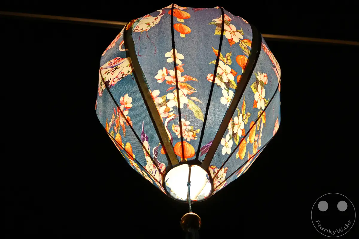 Eine beleuchtete vietnamesische Lampion mit floralem Muster leuchtet in der Nacht von Hoi An. Die traditionelle Dekoration verbreitet eine warme und einladende Atmosphäre in der Dunkelheit. Dieses Objekt ist ein typisches Merkmal für die abendliche Stimmung in der Altstadt.