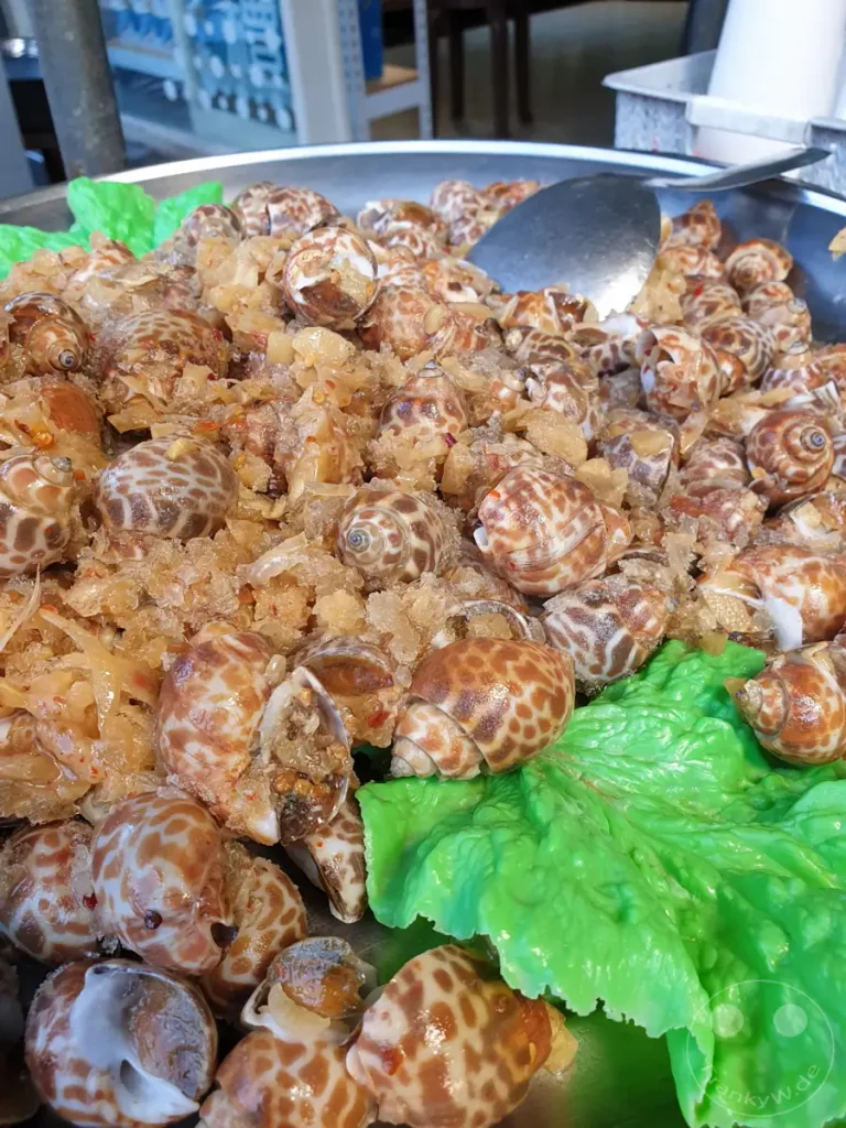 Diese Nahaufnahme zeigt eine Schale voller gekochter, würziger Schnecken, die auf einem Bett aus knackigem Salat serviert werden. Die vielen braun-weißen Spiralen der Schnecken sind deutlich zu erkennen, oft mit einer Füllung, die auf eine scharfe Marinade hindeutet. Das Gericht strahlt die authentische Atmosphäre des Streetfoods in Taiwan, genauer gesagt in Kenting, aus.