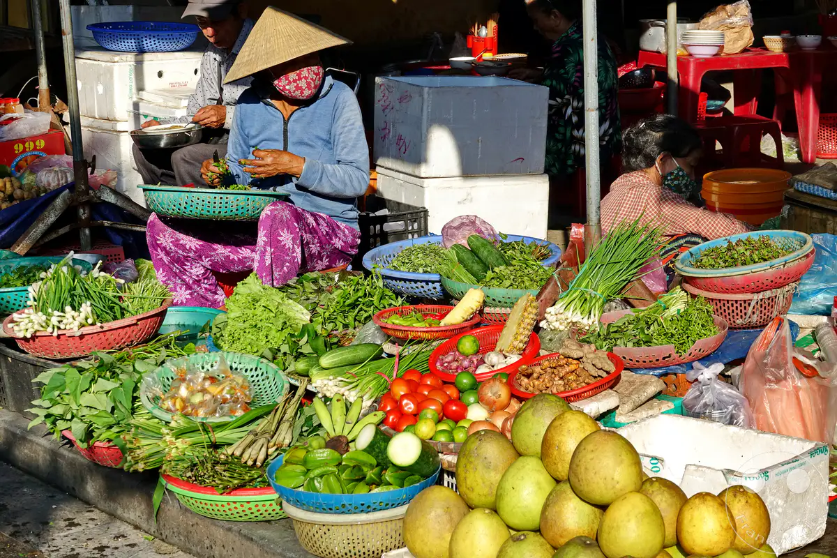 Ein geschäftiger Straßenmarkt in Hoi An, Vietnam, präsentiert eine Fülle von frischem Obst und Gemüse in bunten Körben. Ein Verkäufer mit traditionellem Hut sortiert Kräuter, während die Sonne die Szenerie beleuchtet und eine lebendige Atmosphäre schafft. Der Handel mit lokalen Produkten steht im Mittelpunkt dieses authentischen Einblicks in das tägliche Leben.