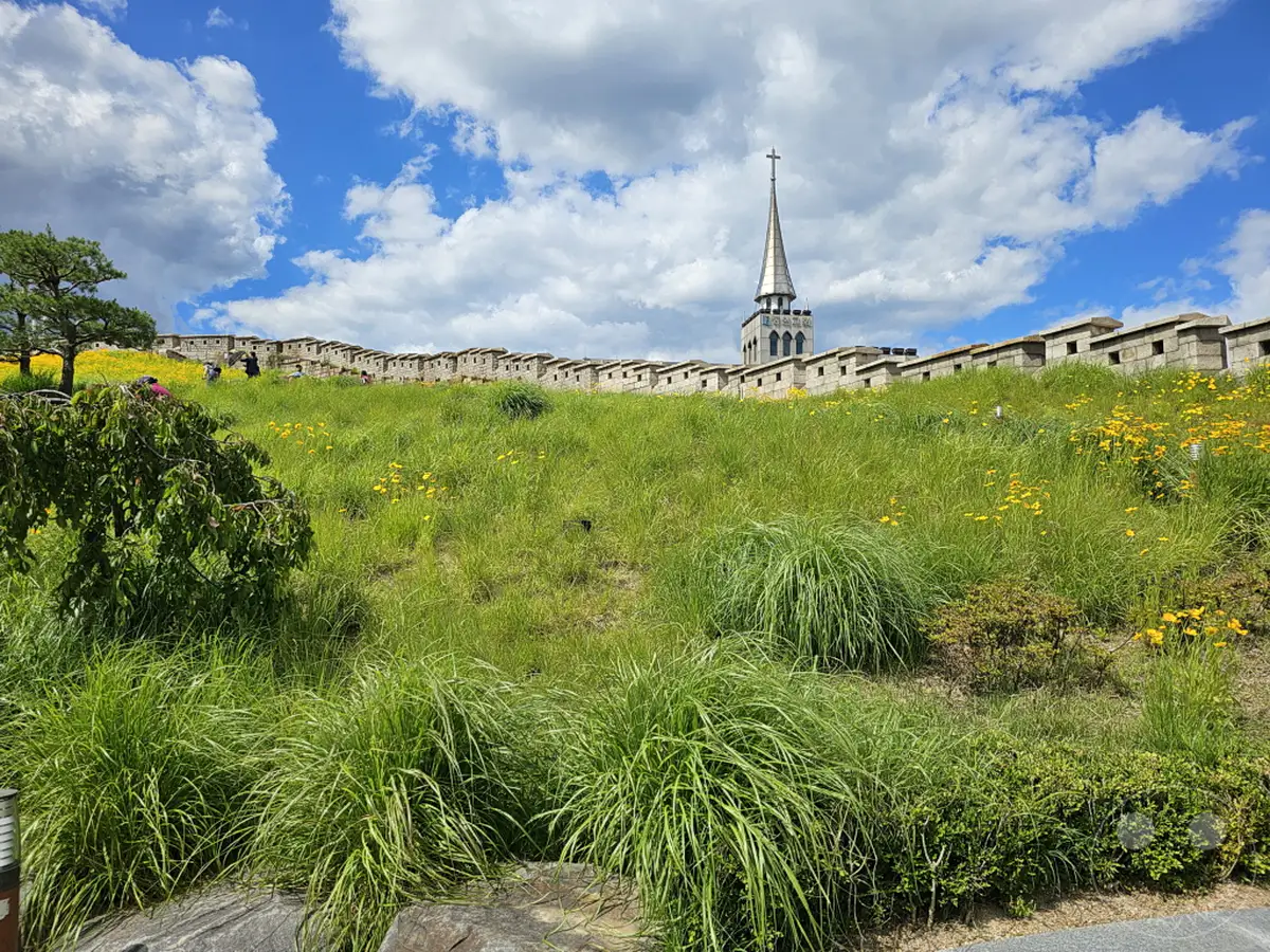Eine historische Mauer erhebt sich über einen üppigen, von Blumen gesprenkelten Hang unter einem strahlend blauen Himmel mit dramatischen Wolkenformationen. Im Hintergrund ragt die Spitze einer Kirche über die alte Festungsmauer hinaus und verleiht der Szene eine erhabene Atmosphäre. Die grüne Landschaft und die blühenden gelben Blumen erzeugen eine friedliche und malerische Kulisse im Herzen von Seoul, Südkorea.