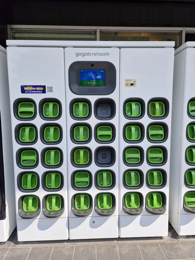 Eine GoGoMo Ladestation in Zuoying, Taiwan, bietet einen Blick auf Reihen von leuchtend grünen Batteriefächern, die darauf warten, Rollerbatterien zu wechseln. Die modulare Struktur und die gut organisierte Anordnung der Station suggerieren Effizienz und technologischen Fortschritt im Bereich der Elektromobilität. Die klare, sonnige Beleuchtung des Außenbereichs unterstreicht die moderne und funktionale Ästhetik der Ladeinfrastruktur.