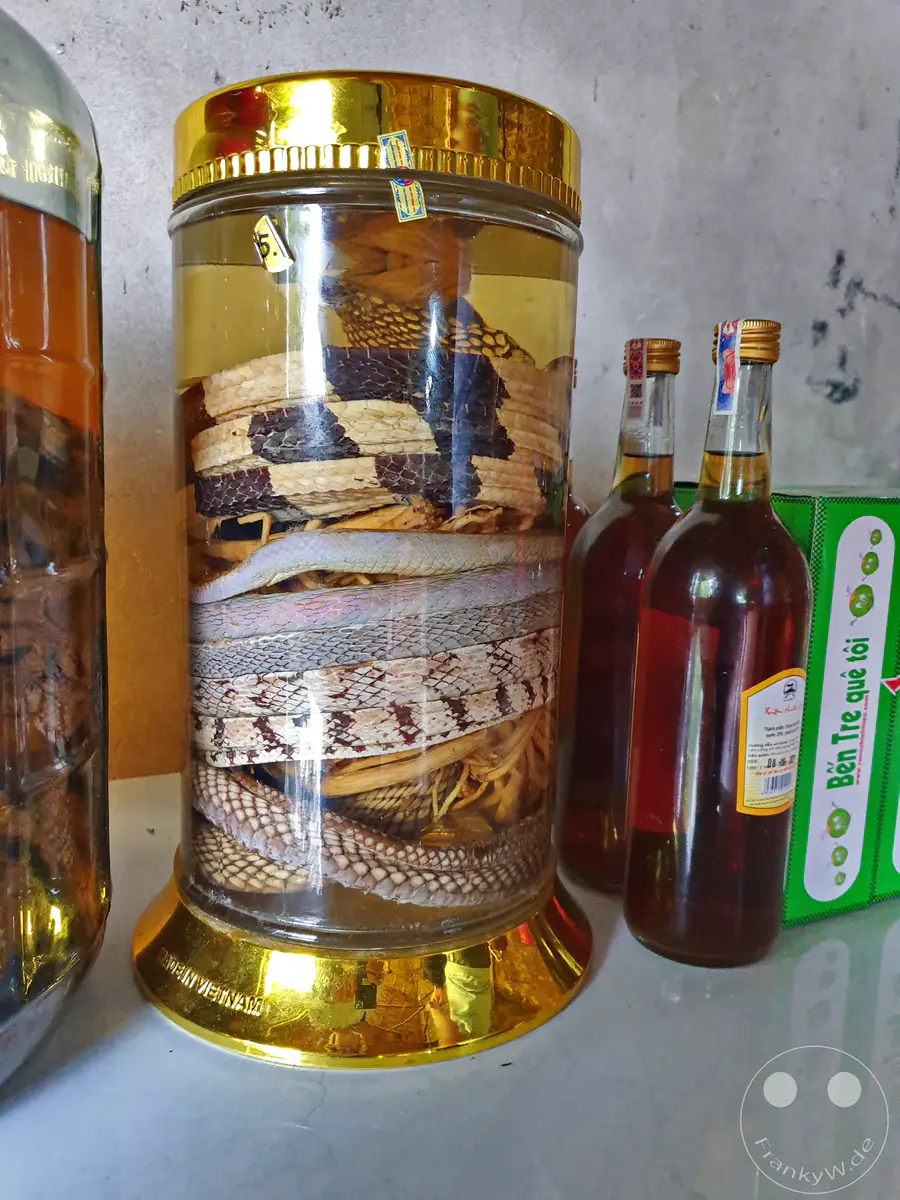 In Vietnam, am Mekong, werden Schlangen und andere Tiere in Alkohol eingelegt, oft als traditionelle Medizin oder Souvenir. Das Bild fängt diese ungewöhnliche Praxis ein, die mit einer Mischung aus Faszination und Neugier betrachtet wird. Eine Auswahl von Flaschen und Gläsern steht auf einem Tisch und präsentiert diese besondere Art der Konservierung.