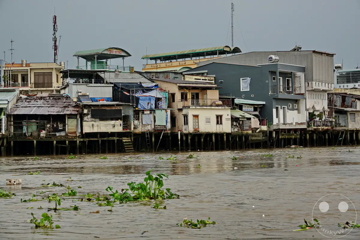 In Vietnam, am Mekong-Delta gelegen, reihen sich am Ufer einfache Stelzenhäuser aneinander, die teilweise heruntergekommen wirken. Dazwischen und im trüben Wasser treiben Wasserhyazinthen, die eine melancholische Stimmung erzeugen. Die Szene wirkt authentisch und gibt Einblick in das Leben am Fluss.