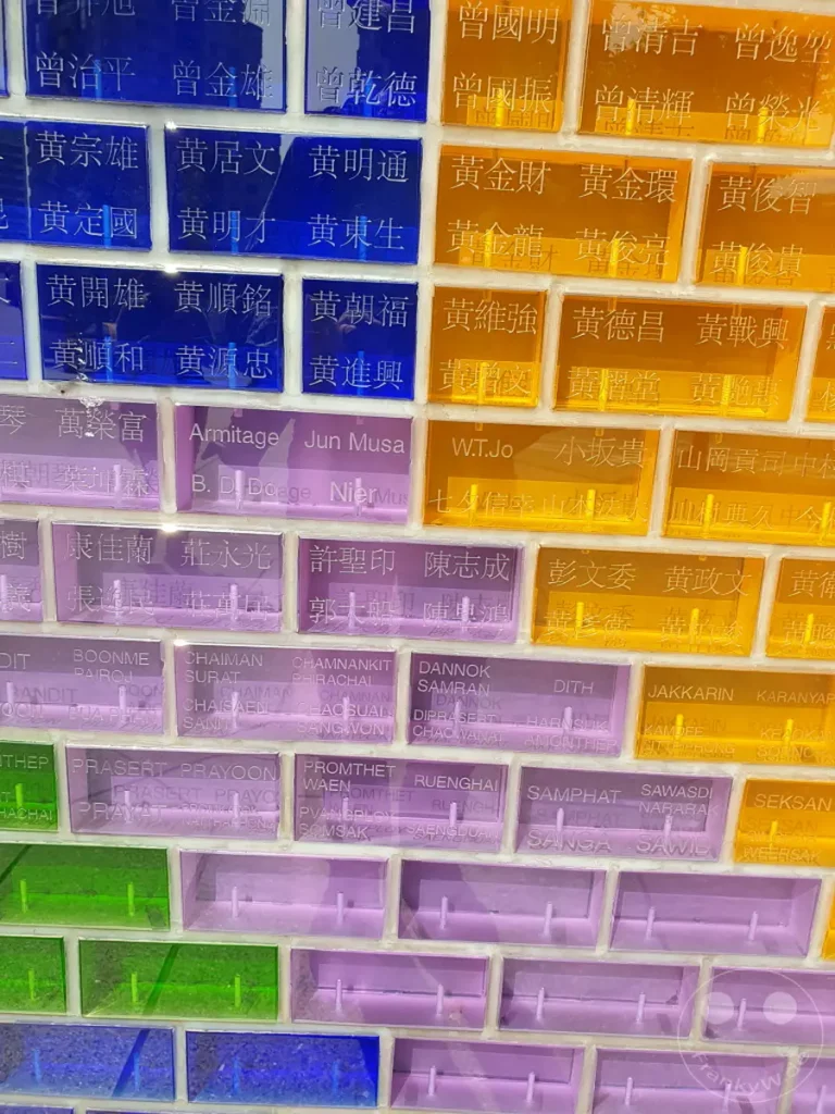 Eine Wand aus bunten, glasartigen Kacheln mit eingravierten Namen und Daten bildet ein beeindruckendes Kunstwerk in Taipeh, Taiwan. Die reflektierende Oberfläche der Kacheln erzeugt eine lebendige und fast spirituelle Atmosphäre, die an persönliche Erinnerungen erinnert. Dieses Mosaik, wahrscheinlich im Umfeld des berühmten Taipei 101 gelegen, ehrt Individuen und ihre Verbundenheit.