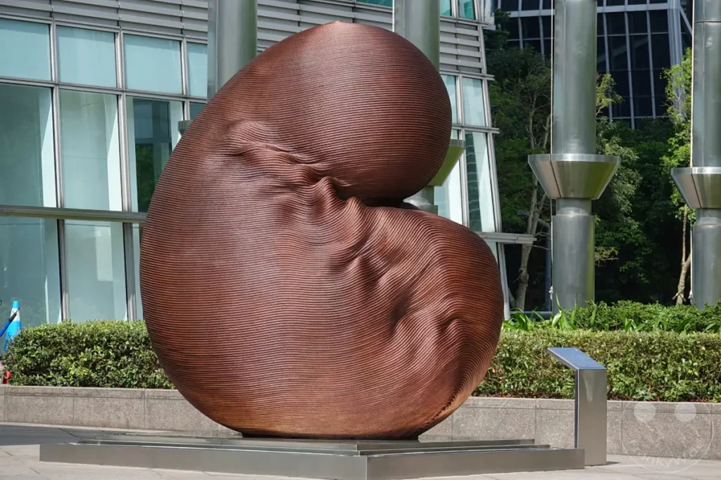 Eine imposante, bronzefarbene Skulptur mit gewellter Textur steht im Freien vor einem modernen Gebäude. Der Hintergrund zeigt die Architektur von Taipeh und üppiges Grün. Die Szene vermittelt ein Gefühl von künstlerischer Ruhe und urbaner Ästhetik vor der Kulisse von Taiwan.