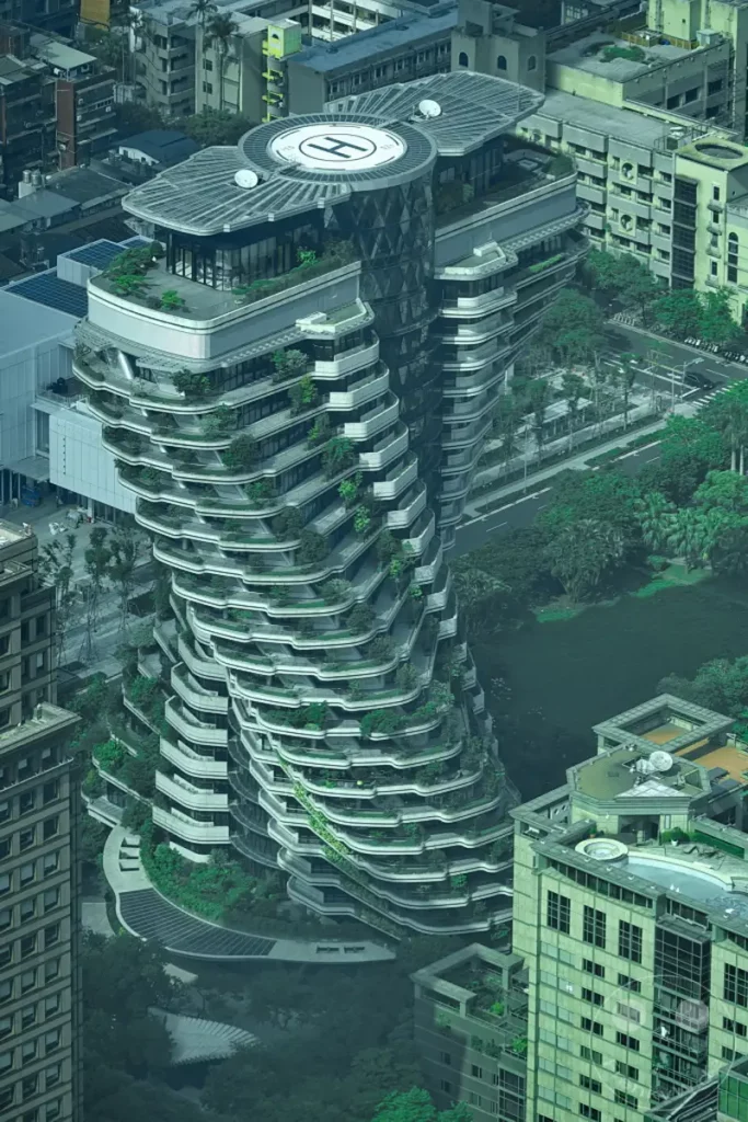 Ein beeindruckendes Luftbild von Taipeh, Taiwan, hebt die vertikale Gartengestaltung des Gebäudes hervor, das sich wie eine grüne Skulptur aus dem städtischen Gefüge erhebt. Die geschwungenen Terrassen sind mit üppiger Vegetation bedeckt und schaffen eine harmonische Verbindung von Natur und Architektur inmitten der Skyline. Die Aufnahme vermittelt ein Gefühl von futuristischer Urbanität und ökologischem Bewusstsein, das sich in der modernen Stadtlandschaft manifestiert.