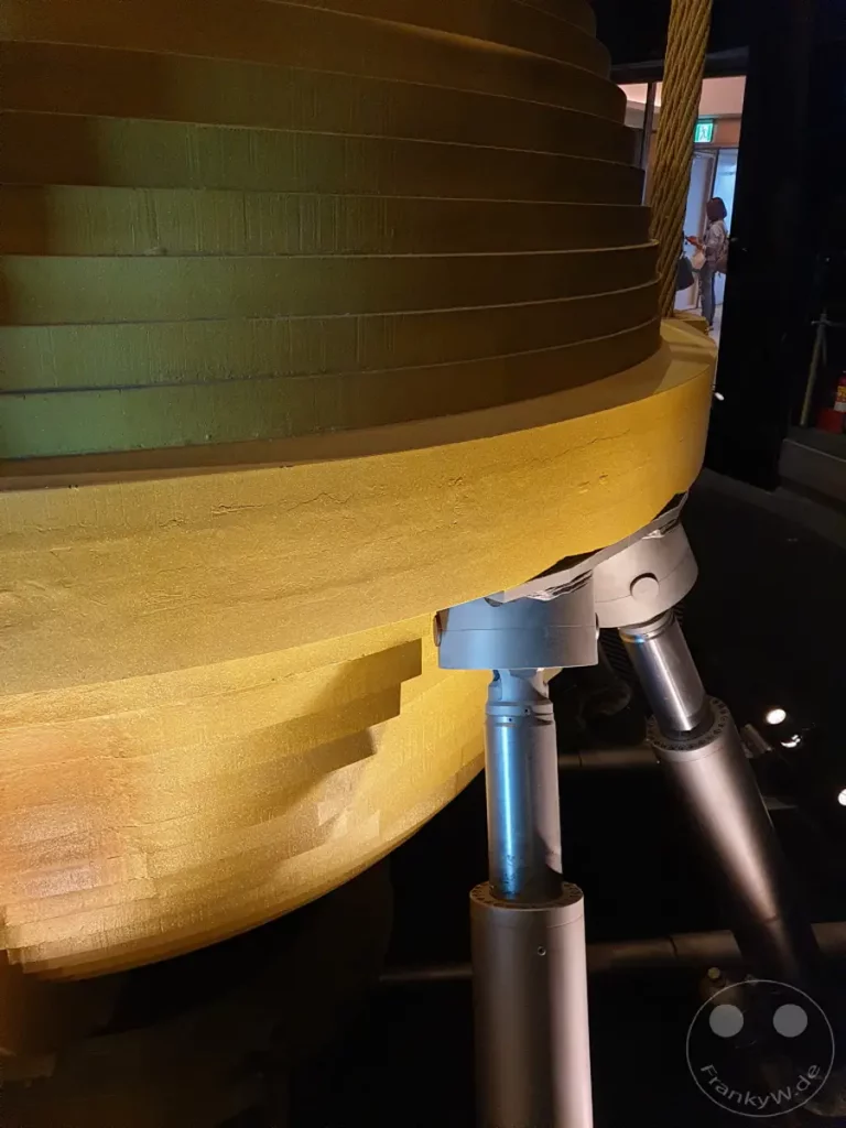 Das Innere eines Ausstellungsstücks im Nationalen Palastmuseum in Taipeh, Taiwan, enthüllt seine mechanische Unterstützung. Die mehrschichtigen, gelben Elemente bilden eine spiralförmige Struktur, die von hydraulischen Zylindern gehalten wird. Die Beleuchtung wirft Schatten und verleiht dem technischen Exponat eine geheimnisvolle Atmosphäre.
