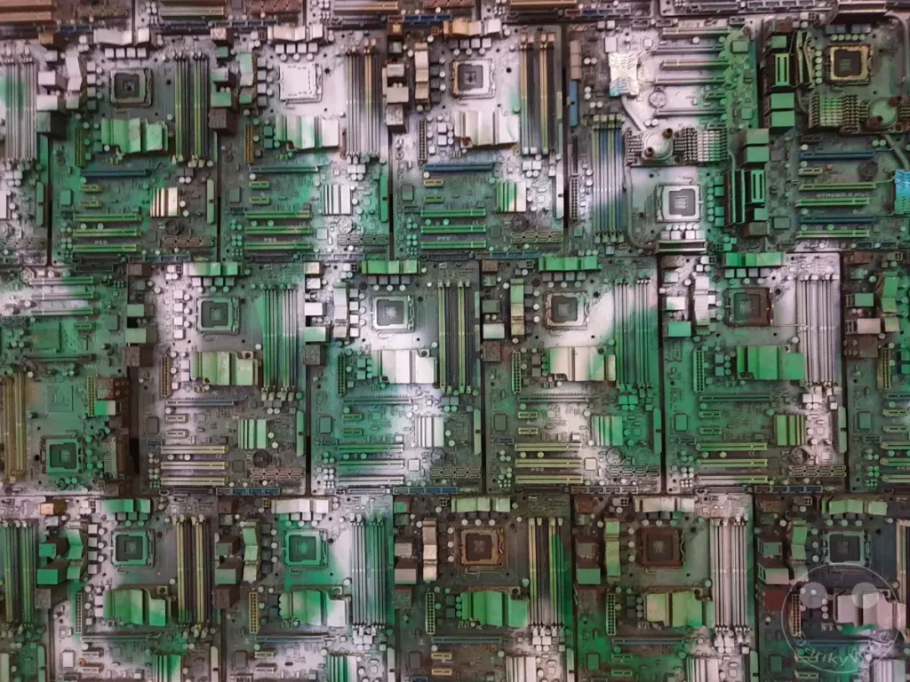 Eine detailreiche Nahaufnahme einer Mauer, die aus recycelten Computerplatinen besteht, ziert einen Skaterpark im Zhongzheng District von Taipeh, Taiwan. Die Anordnung der Platinen schafft eine abstrakte und fast surreale Textur, die an eine futuristische Landschaft erinnert. Das kühle Licht und die grünen Akzente erzeugen eine Atmosphäre der technologischen Verfremdung und des urbanen Verfalls, die zum Nachdenken anregt.