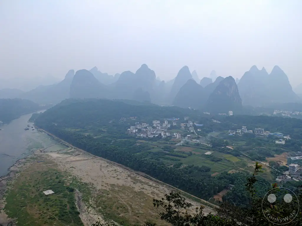 China - Yangshou - panoramic bird's-eye view of Xingping Town and the Li River