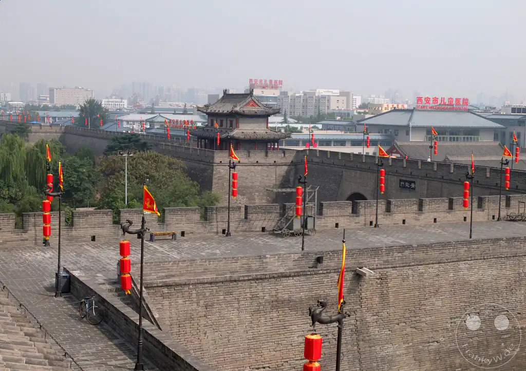 China - Xi'an - section of the historic Xi'an Ancient City Wall looking down at Andingmen, which is the famous West Gate of the fortifications