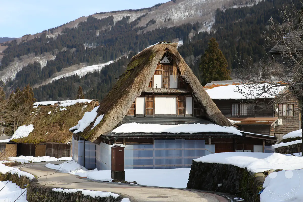 Traditionelles historisches Gassho-Zukuri-Bauernhaus mit steilem, schneebedecktem Strohdach an einem verschneiten Dorfweg vor einer bewaldeten Bergkulisse im UNESCO-Weltkulturerbe-Dorf Ainokura in der Präfektur Toyama, Japan.