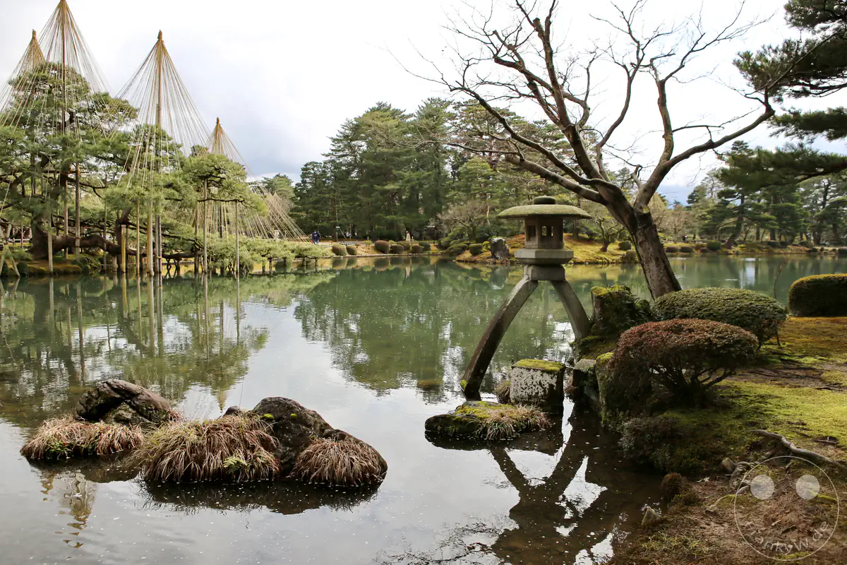 Traditionelle zweiarmige Kotoji-Steinlaterne am Ufer des Kasumigaike-Teichs mit den kegelförmigen Yukizuri-Seilkonstruktionen zum Winterschutz der Kiefern im berühmten Kenrokuen-Garten in Kanazawa, Japan.