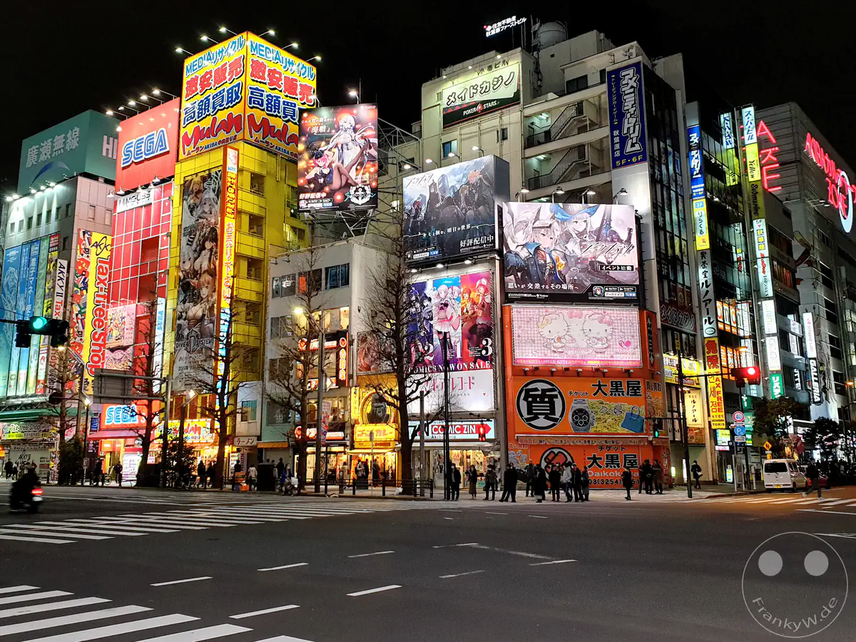 Blick bei Nacht auf die leuchtende Chuo-Dori-Hauptstraße im Elektronikviertel Akihabara mit riesigen bunten Werbetafeln für Videospiele, Anime-Serien, einer Sega-Spielhalle und Passanten an einer Fußgängerüberquerung im Stadtteil Chiyoda in Tokio, Japan.
