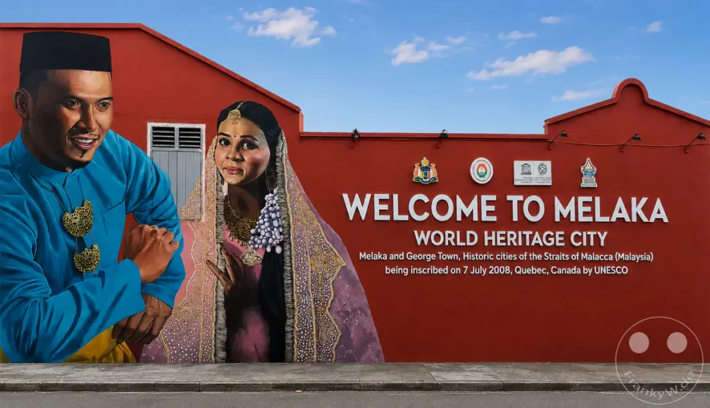 Frontalansicht einer markanten roten Wand in Malakka, Malaysia, mit einer detailreichen Wandmalerei eines Paares in traditioneller malaiischer Kleidung sowie dem weißen Schriftzug „Welcome to Melaka World Heritage City“ und UNESCO-Logos.