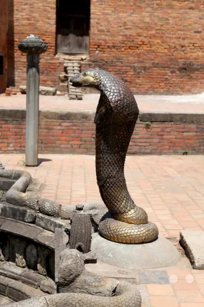 Eine aufwendig gestaltete Bronzestatue einer Kobra erhebt sich majestätisch vor einer Backsteinmauer. Die kunstvollen Schuppendetails und die steinernen Schlangenornamente deuten auf die kulturelle Bedeutung dieser Darstellung in Bhaktapur hin.