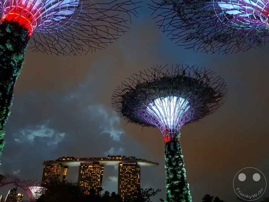 Die künstlichen Supertrees des Gardens by the Bay in Singapur leuchten in der Nacht mit roten und blauen Lichtern. Im Hintergrund erhebt sich das imposante Marina Bay Sands Hotel, dessen Fenster im warmen Licht erstrahlen. Die Szenerie erzeugt eine futuristische und faszinierende Atmosphäre unter dem bewölkten Himmel.
