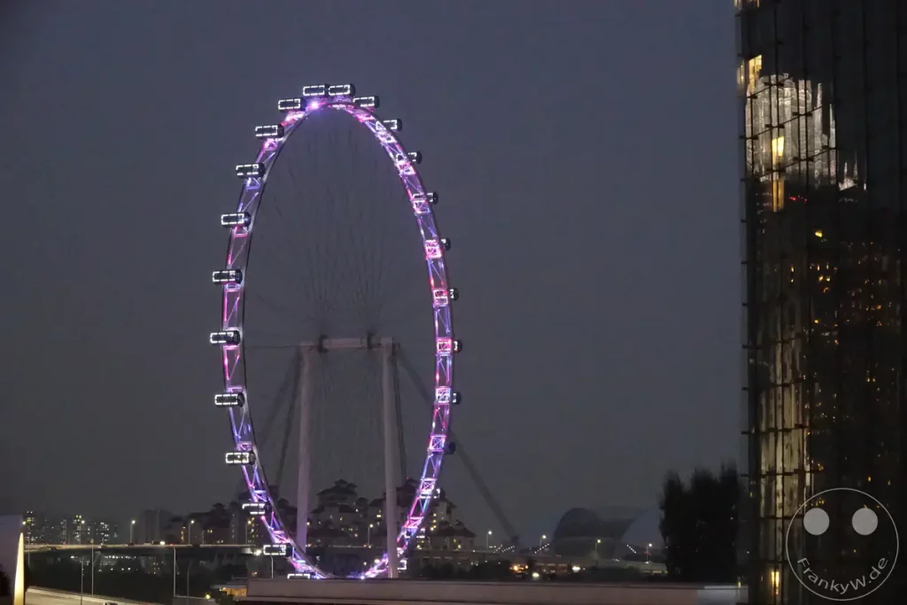 Ein riesiges Riesenrad beleuchtet den Nachthimmel von Singapur mit bunten Lichtern. Daneben spiegelt sich die Stadt in der Fassade eines modernen Wolkenkratzers. Die Szene strahlt eine urbane und festliche Atmosphäre aus.