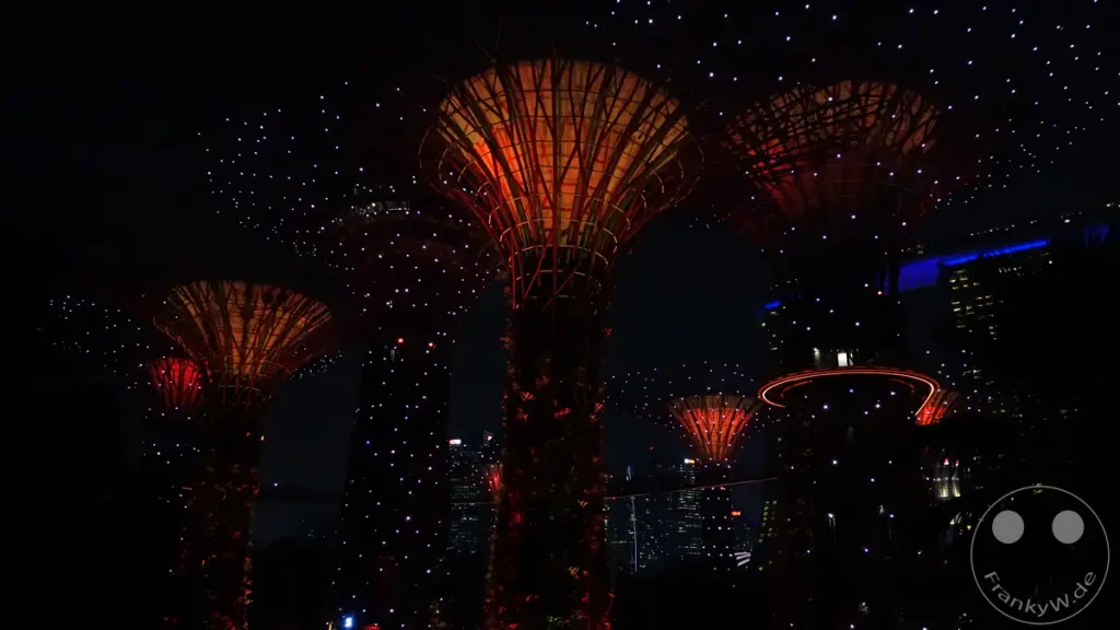 Nachts werden die Supertrees im Gardens by the Bay in Singapur mit tausenden von Lichtern beleuchtet. Die imposante Beleuchtung hebt die futuristische Architektur hervor und schafft eine magische Atmosphäre. Im Hintergrund ist die glitzernde Skyline der Metropole zu sehen.