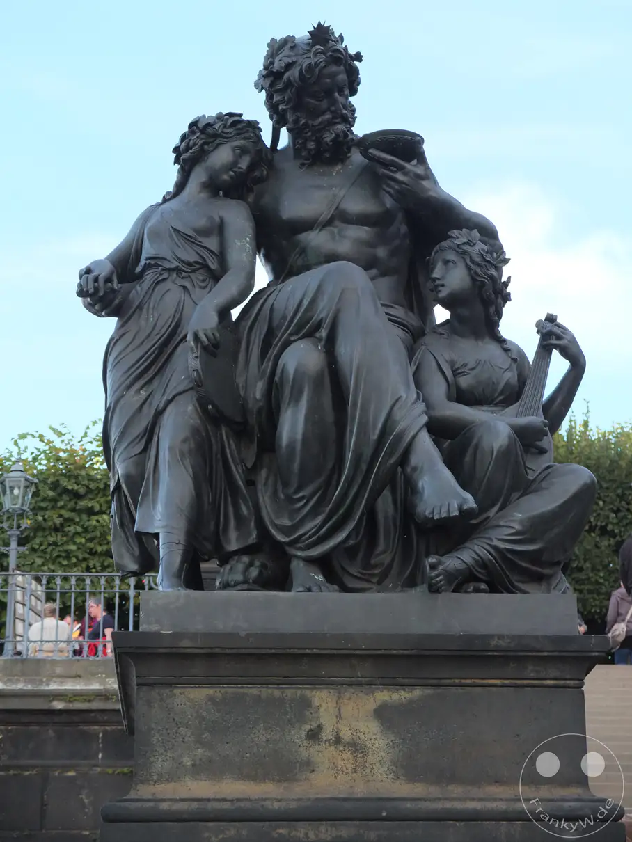 Eine beeindruckende Bronzeskulptur stellt die "Vier Tageszeiten" dar, wobei die Figur des "Abend" im Fokus steht, der sich anmutig auf einem Sockel erhebt. Die kunstvollen Gewänder und die detaillierten Körper sind Zeugen einer vergangenen Epoche, eingebettet in die historische Kulisse der Brühlschen Terrasse in Dresden. Das Kunstwerk strahlt eine erhabene Ruhe aus und lädt den Betrachter ein, über die Vergänglichkeit der Zeit zu sinnieren, während die natürliche Umgebung den künstlerischen Ausdruck unterstreicht.