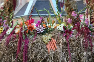 Eine beeindruckende Herbstdekoration mit Früchten, Gemüse und Blumen schmückt den Erntedankbrunnen auf dem Nikolaikirchhof in Leipzig, Deutschland. Die üppige Anordnung aus Kürbissen, Trauben, Äpfeln und Blumen strahlt eine festliche Erntestimmung aus. Im Hintergrund sind Gebäude und Passanten zu sehen, die das städtische Ambiente des Marktes unterstreichen.