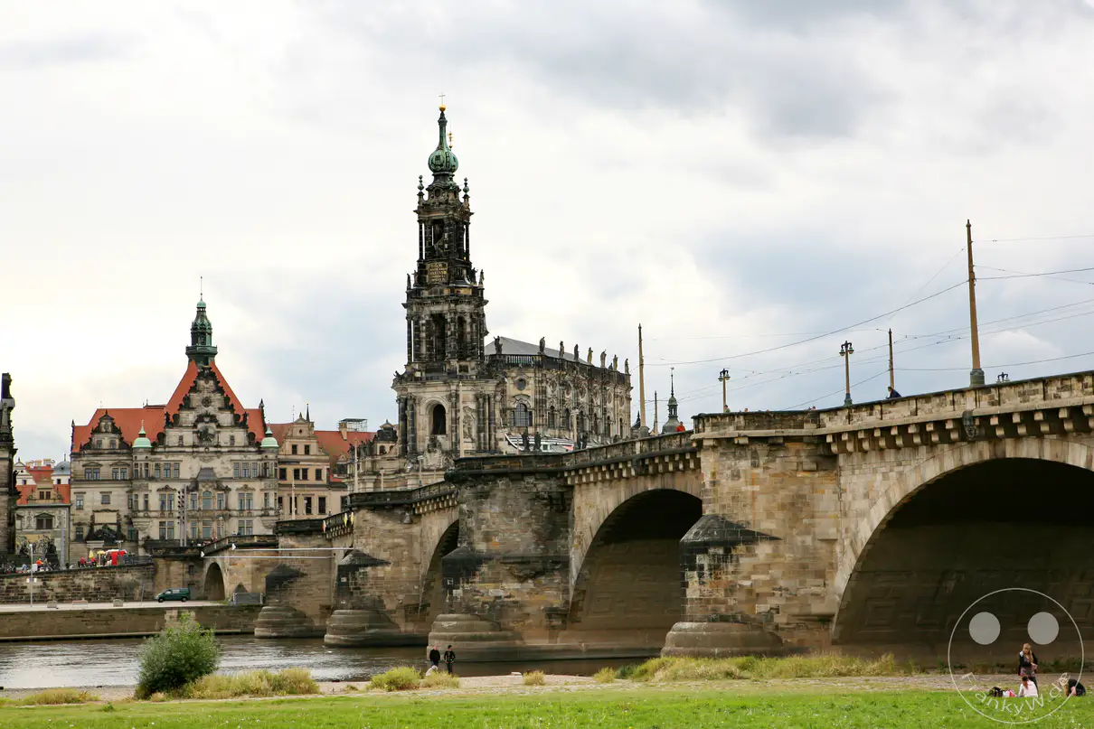 Die weltberühmte Silhouette der Dresdner Altstadt erstreckt sich hinter den grünen Elbwiesen und dem ruhig dahinfließenden Fluss. Auf der linken Seite überspannt die historische Augustusbrücke aus Sandstein das Wasser und führt direkt in das historische Stadtzentrum. Am Horizont zeichnen sich bedeutende Baudenkmäler wie die Kuppel der Frauenkirche, der Turm des Ständehauses, das Residenzschloss und die monumentale Katholische Hofkirche ab. Ein modern gestaltetes rot-weißes Fahrgastschiff liegt am gegenüberliegenden Elbufer vor den historischen Terrassen vor Anker, während ein wolkenverhangener Himmel die Szenerie überspannt.