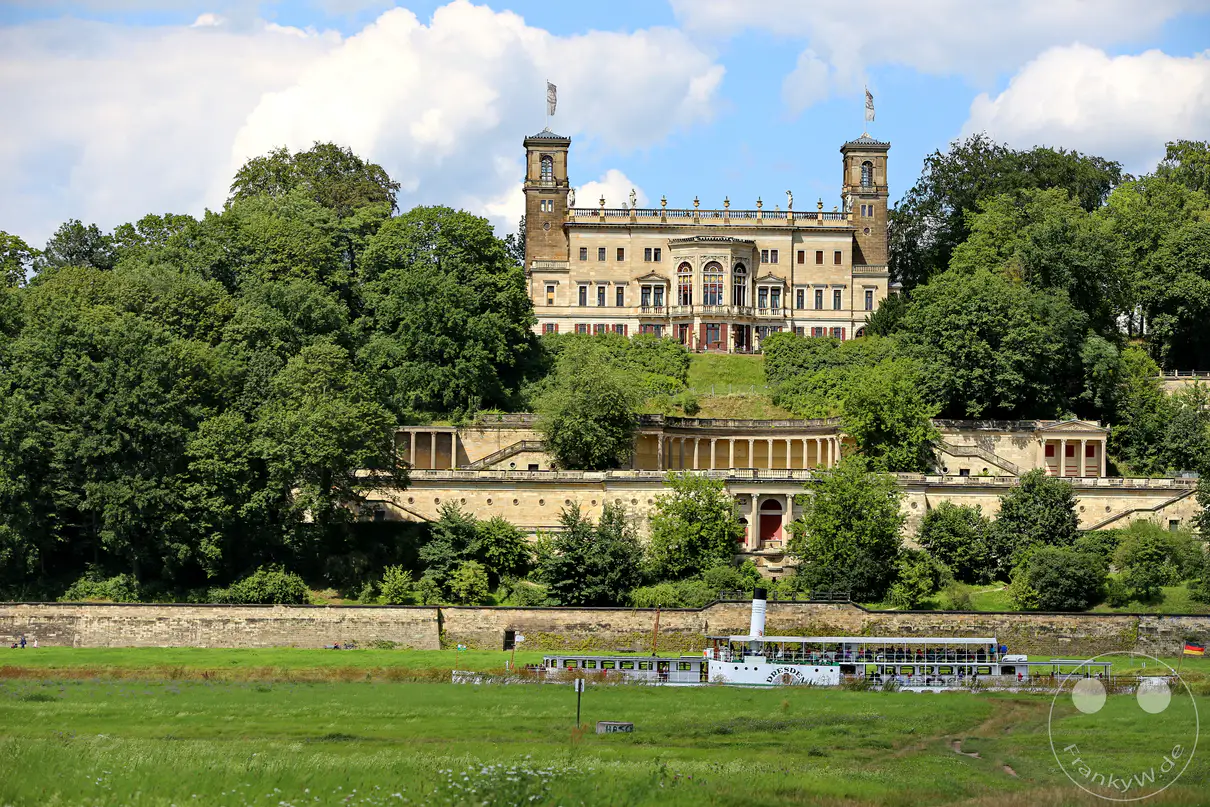 Das Schloss Albrechtsberg thront majestätisch über der Elbe in Dresden, umgeben von üppigem Grün. Ein traditioneller Dampfer gleitet gemächlich über das Wasser und spiegelt die historische Kulisse wider. Die Szene strahlt eine friedliche und idyllische Atmosphäre an einem sonnigen Tag aus.