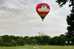 Ein bunter Heißluftballon schwebt am Himmel über der weitläufigen Parkwiese des Landschaftsparks Rosental in Leipzig. Im Hintergrund sind Bäume des Leipziger Auwalds sowie städtische Gebäude zu sehen, während Menschen entspannt die grüne Fläche genießen. Die Szenerie vermittelt eine friedliche Atmosphäre von Freizeit und Natur mitten in der Stadt.